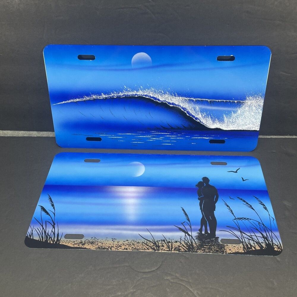 2 VTG Aluminum‎ Blue Wave Island Couple Front Car Customized License Plates